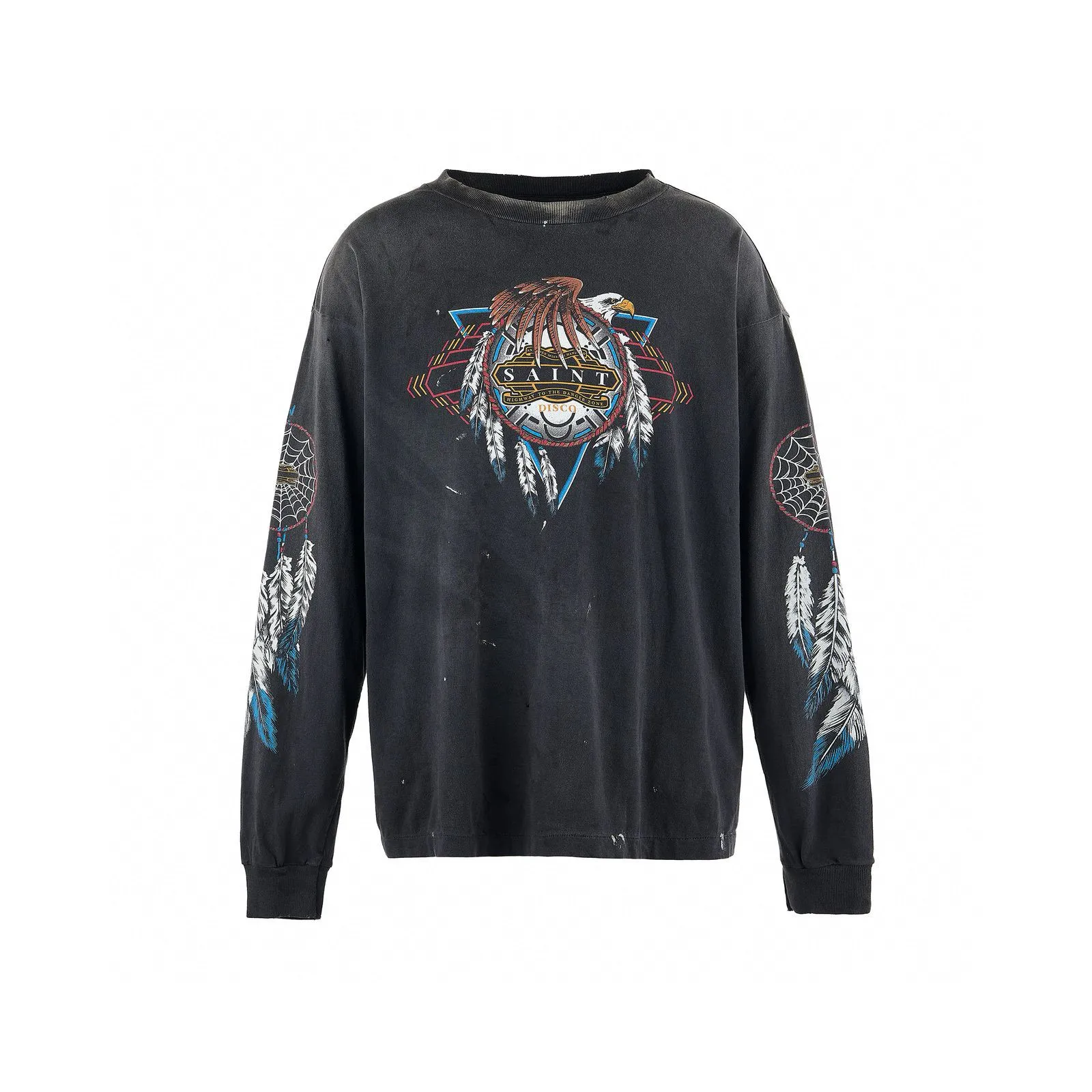 SAINT Mxxxxxx x TEFLON DISCO SAINT DISCO ML_LS TEE/BLK Eagle Feather Spider Web Distressed Long Sleeve S-XL Ready-to-wear Assute dyeing, water spray fading treatment, customized TEFLON DISCO co-branded accessories, hand-splashed ink, wormhole fraying treatment, genuine level printing process